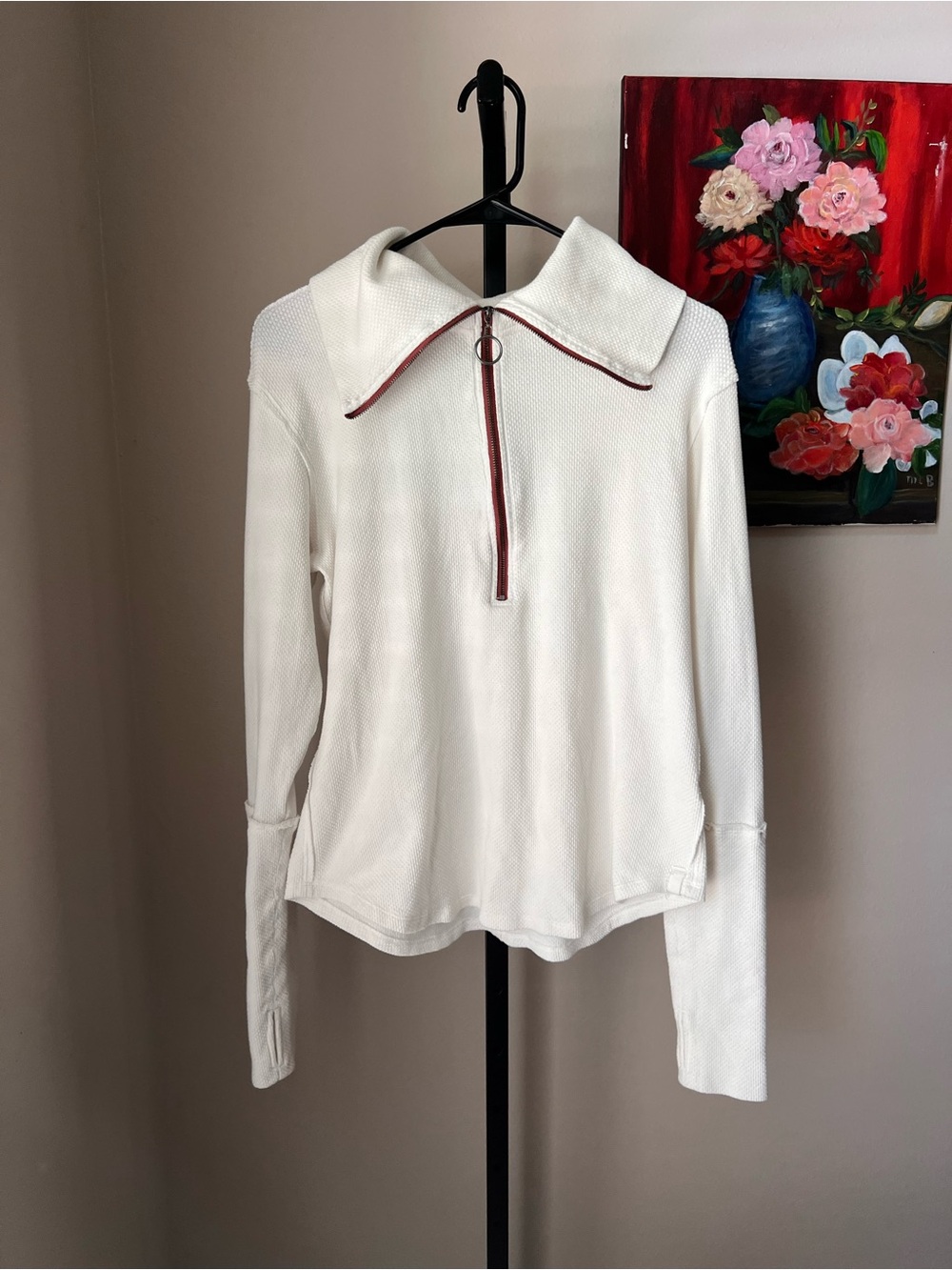 We the free fast lane Women's Cream Long-Sleeve Half-Zip Polo Top with Red Trim